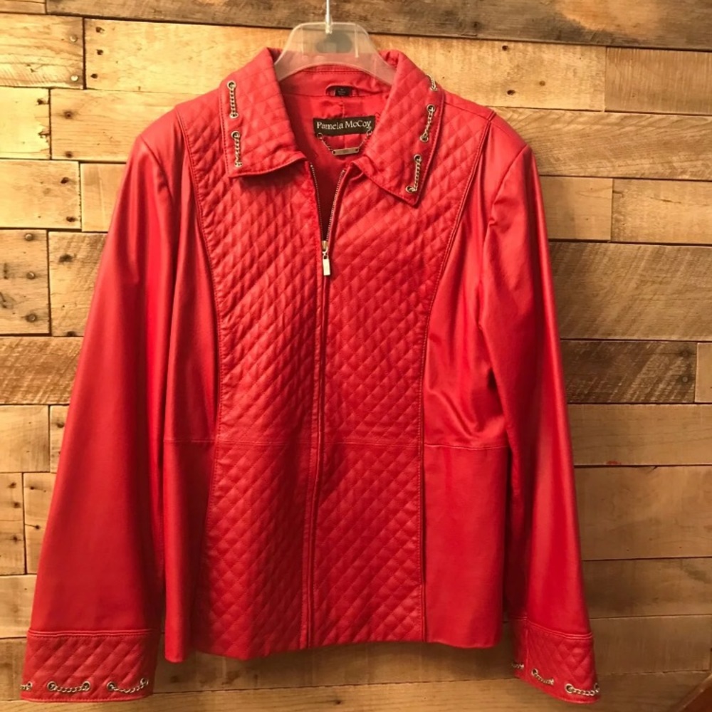 Genuine Red Leather Jacket , with chain accent.